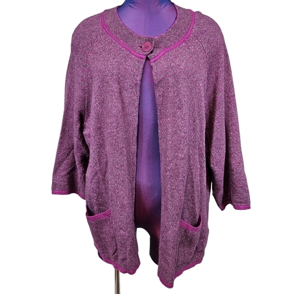 Talbots Fuchsia & Gray Chevron Wool Blend Cardigan Sweater 2X Women's Plus K23 - Picture 1 of 8